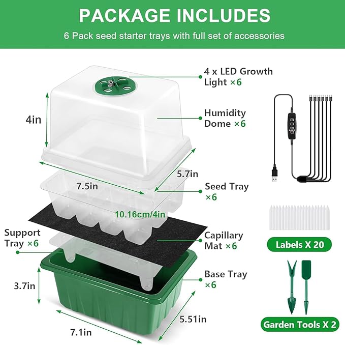 YAUNGEL Self-Watering Seed Starter Trays with Grow Light, 6-Pack 72-Cell with Timing Controller Adjustable Brightness Thicken Seed Starter Kit Humidity Dome Heightened Lids, Gift Box