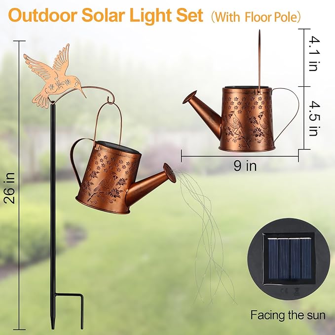 Outdoor Hanging Solar Lantern Waterproof Set Outside Metal Openwork Cardinal watering can Landscape Lights for Garden Yard Patio Pathway Decor Birthday Gifts for Women Mom Grandma -With Floor Pole