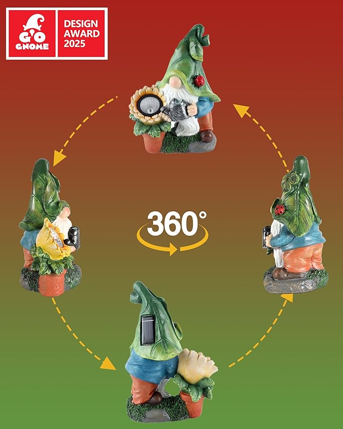 Solar-Powered Large Garden Gnome Watering Can Sunflower - 12 in Garden Decor Gnomes Decorations for Yard Lawn Ornaments Outside Statue Figurine LED Lights (Gnome)