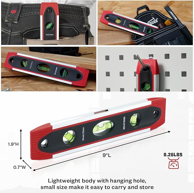 MELOTOUGH 9 Inch Torpedo Level Magnetic,Small Leveler Tool,Spirit Level with 45/90/180 Bubbles,V-Groove,Shock Resistant Leveler,Red(2PCS)