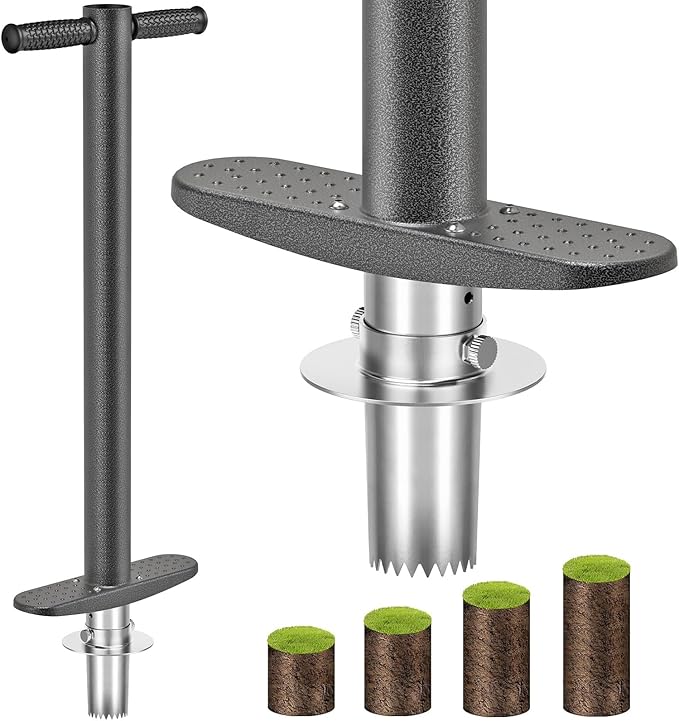 Dolibest 3-in-1 Sod Plugger & Bulb Planter Tool - Depth Adjust (3-6'') Stainless Steel Sharp Serrations with Ergonomic Grip | Lawn Plug Cutter for Turf Repair, Soil Sampling & Garden Planting-35.7"