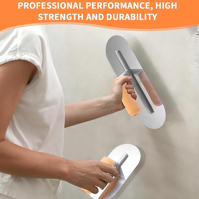 Lasnten 3 Piece Pool Trowel, Stainless Steel Finishing Masonry Trowel Set Includes 14" x 4", 12" x 4", 8" x 3", Lightweight Wooden Handle, for Drywall Concrete Cement Plastering Tool(Round Head)