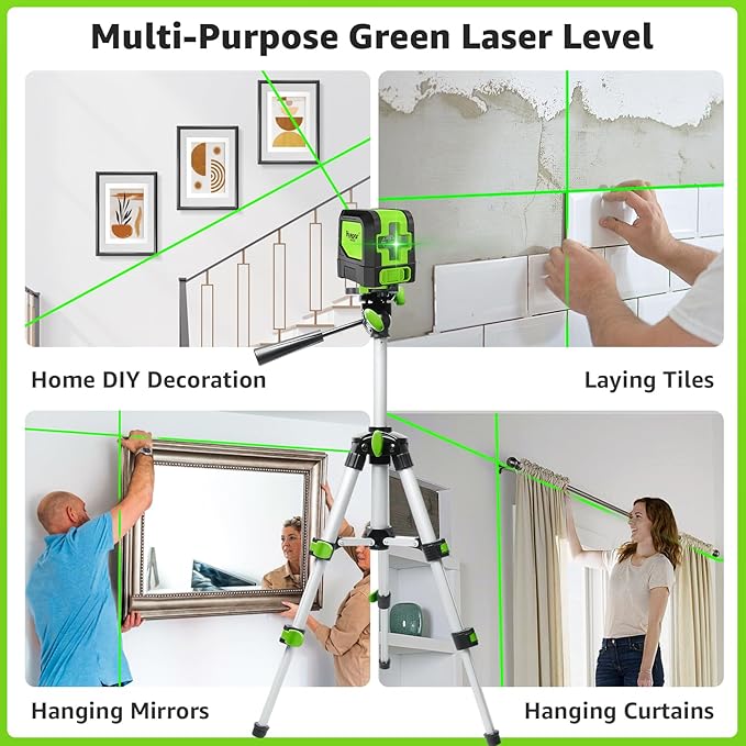 Huepar Laser Level, 100Ft Self Leveling Green Cross Line Laser for Picture Hanging, Tile, Decoration & DIY Construction – 360° Magnetic Base & AA Battery, Indoor Use