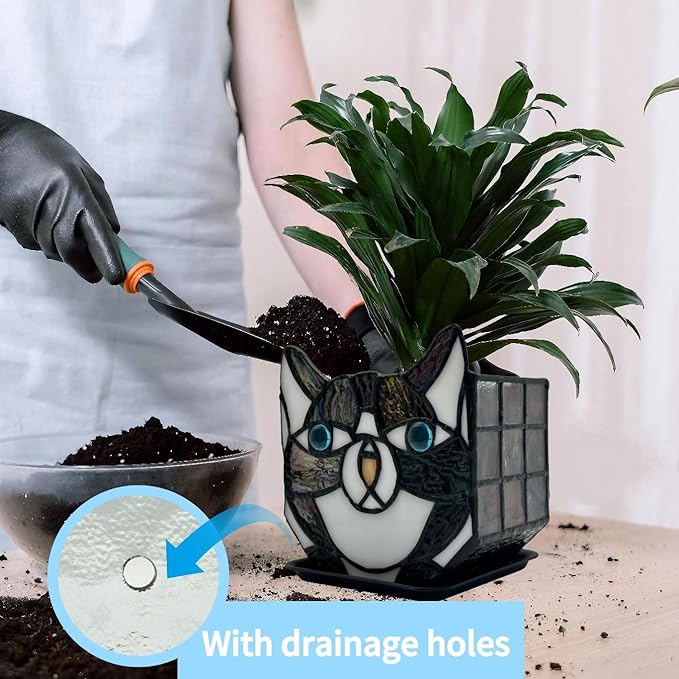 Tiffany Cute Cat Stained Glass Flower Pots,Indoor and Outdoor Plant Displays,Black Cat Plant Planter,Candle Holder Container Decoration 4.6 x 5.15 x 3 inch(Without Succulents)