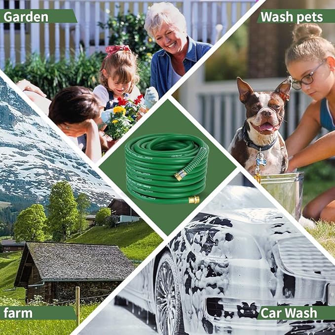 90FT 5/8 Heavy Duty Rubber Garden Hose - 200psi Working, 1000psi Burst - Hot/Cold Water - Five-Layered Braiding for Durability - Versatile for Gardening, Agriculture, Construction(Green)