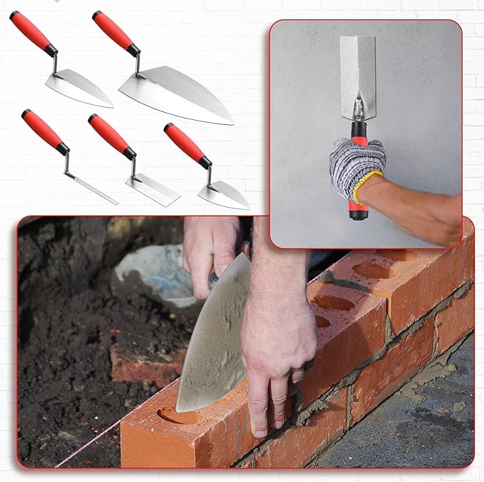 Lasnten 6 PCS Masonry Hand Tool Set 11" x 5-1/2" Philadelphia Brick Trowel 2 Pointing Trowel 5 x 2'' Margin 1/2" Tuck 5/8'' x 1/2'' Convex Brick Jointer Soft Grip Handle Concrete Towel Tool Finishing