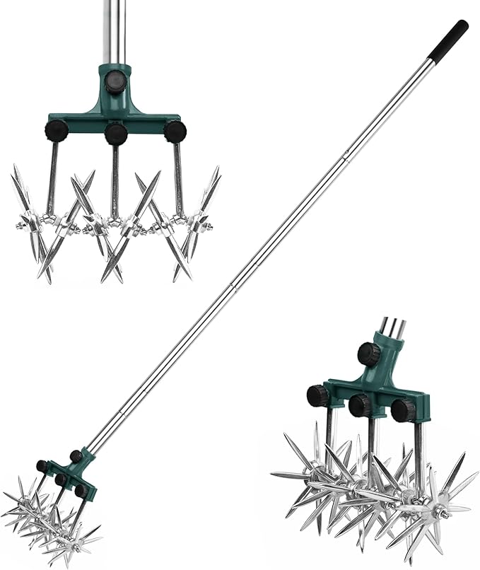 Rotary Cultivator Garden Rotary Tiller Adjustable Stainless Steel Poles Hand Tiller for Soil Mixing or Reseeding Grass Lawn Tiller Total Length 57 Inch