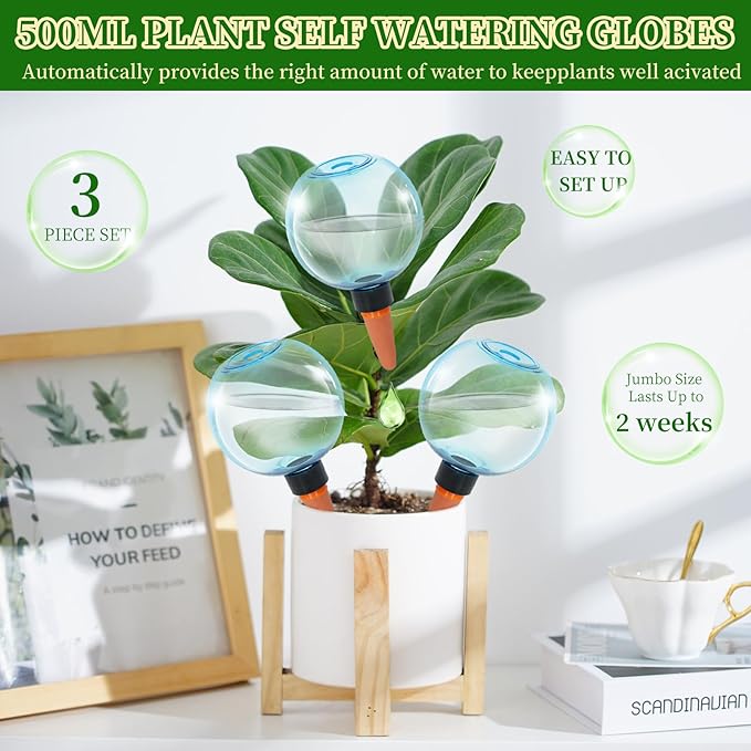 3pcs Large Plant Self Watering Globes, 17.5 oz Plastic Water Bulbs Top Fill, Plant Watering Devices System Slow Release Terracotta, Water Spikes Stakes for Indoor(3pack)