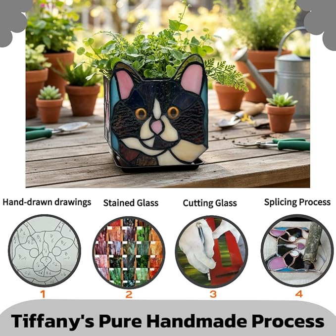 Handmade Stained Glass Black Cat Planter, Decorative Succulent Pot with Drainage, Indoor Plant Holder, Home Decor