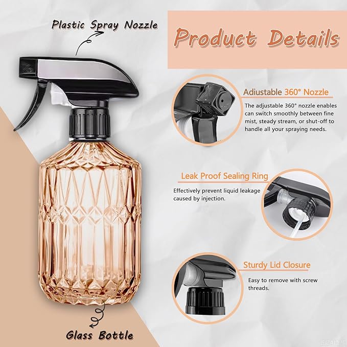 Glass Handheld Spray Bottle, 15oz Refillable Water Bottle Spray, Reusable Adjustable Nozzle Plant Mister Spray Bottles Indoor, Plant Mister for Hair, Cleaning, Gardening, Pets Care (Orange)