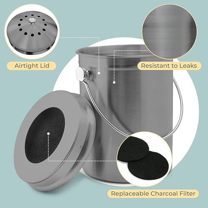 EPICA Countertop Compost Bin Kitchen | 1.3 Gallon | Odorless Composting Bin with Carbon Filters | Indoor Compost Bin with Lid | Stainless Steel Kitchen Composter for Food Scraps & Waste Recycling