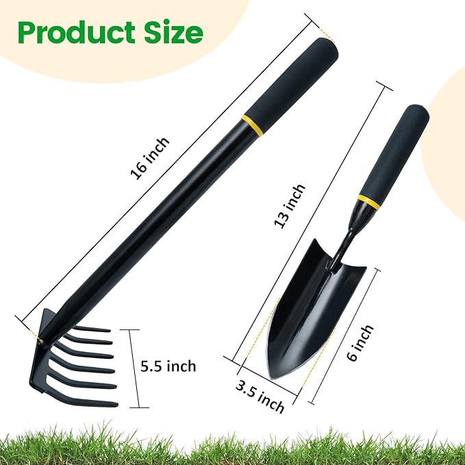 Garden Tool Set, 2 Piece Heavy Duty Gardening Hand Tools with Comfortable Handle, Including Garden Trowel and 6-Tine Rake, Durable Gardening Gift for Kids Men Women