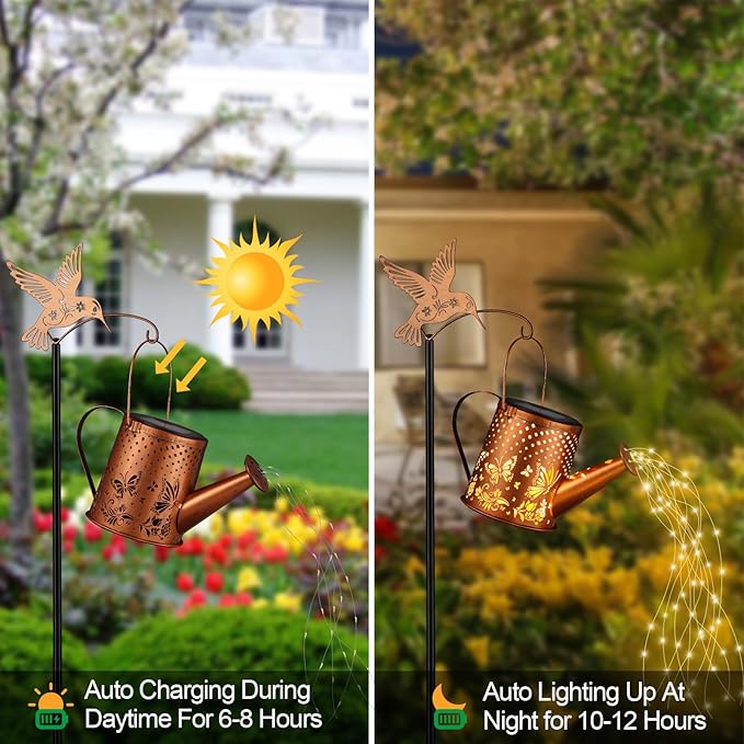 Outdoor Hanging Solar Lantern Waterproof Set Outside Metal Openwork Butterfly watering can Landscape Lights for Garden Yard Patio Pathway Decor Birthday Gifts for Women Mom Grandma -With Floor Pole