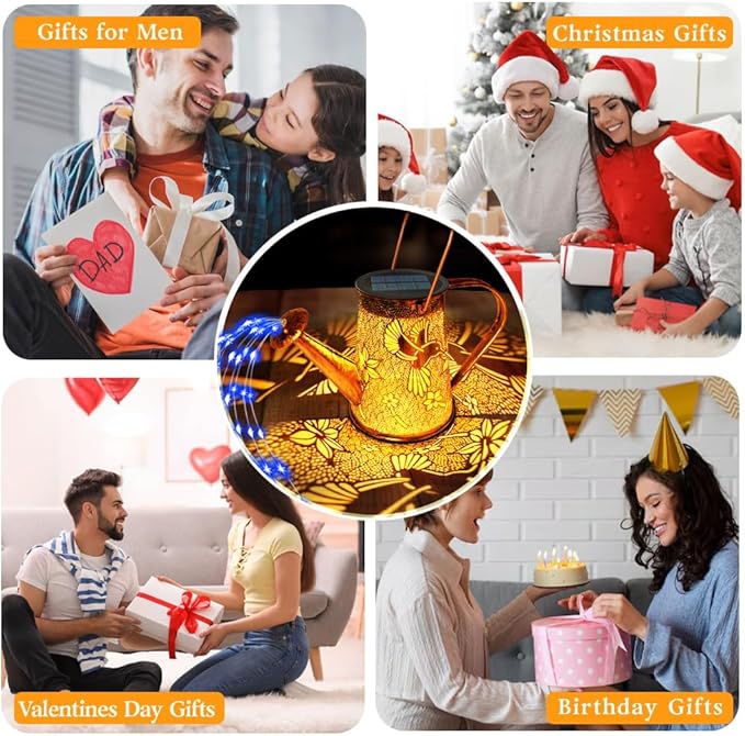 Solar Watering Can Lights, Hummingbird Gifts for Christmas Women Mom Grandma Birthday, Waterproof Outdoor Garden Decor Large Hanging Solar Lanterns Garden Lights for Patio Porch Yard Flowerbed Pathway