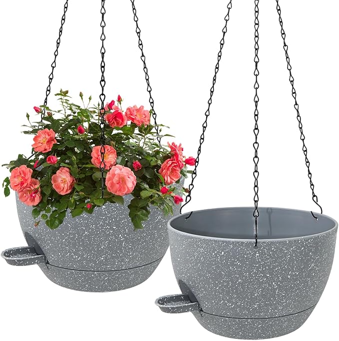 WOUSIWER Self Watering Hanging Planters, 2 Pack 10'' Plastic Pots with Drainage Holes & Reservoir Tray (Speckled Grey) | Indoor & Outdoor Use for Ferns, Ivy, Herbs, Succulents