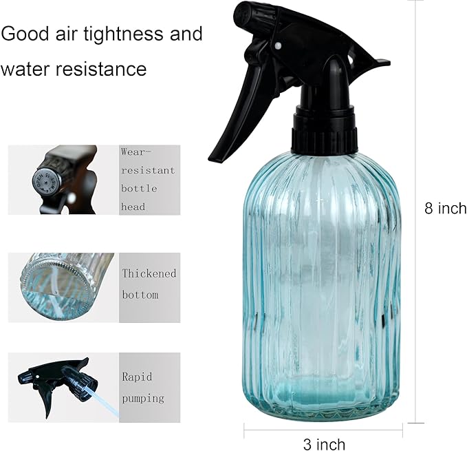 Handheld Glass Spray Bottle - 16 oz with Adjustable Nozzle for Watering Indoor and Outdoor Potted Plants and Greenery and More, 2.8 x 8.2in (Blue)
