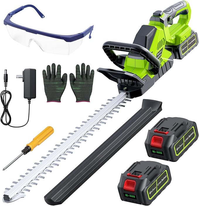 20'' Hedge Trimmer Cordless with 2pcs 4000mAh Battery, Electric Handheld Bush Clipper with Rechargeable Batteries, 3000RPM 180° Rotatable Head, 2/3'' Blade Gap Green