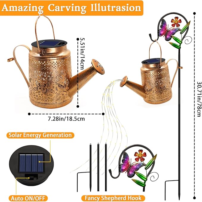 2 Pack Solar Powered Butterfly Watering Can Lights Waterproof Outdoor Decor with Shepherd Hook Hanging Patio Lights for Yard, Garden, Backyard Perfect Gardening Birthday Gift for Women, Mom, Grandma