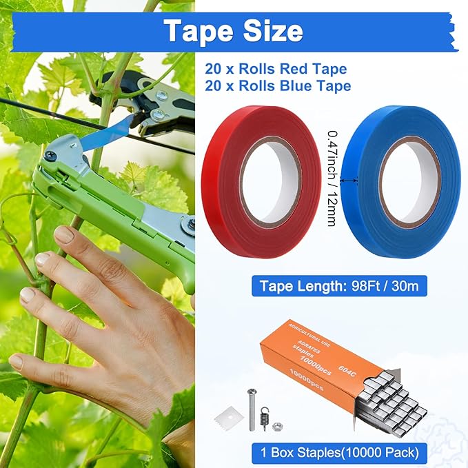 40-Pack Garden Tie Tape, 3937 Feet x 0.47 Inch Tying Tape W 10000pcs Staples for Plant Tying Machine/Grapes/Climbing Plants/Raspberries/Tomatoes/Vining Vegetables Flowers
