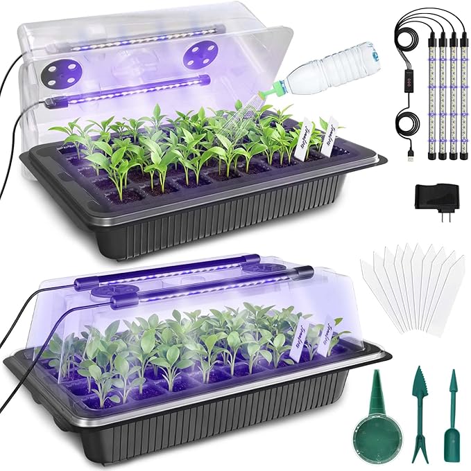 MQUPIN Seed Starter Tray with Grow Light 4 LED, 2 Pack/80 Cells Adjustable Brightness Seed Starter Kit,Seedling Starter Kit with Dome and Base for Greenhouse Seeds Growing Starting（Black）