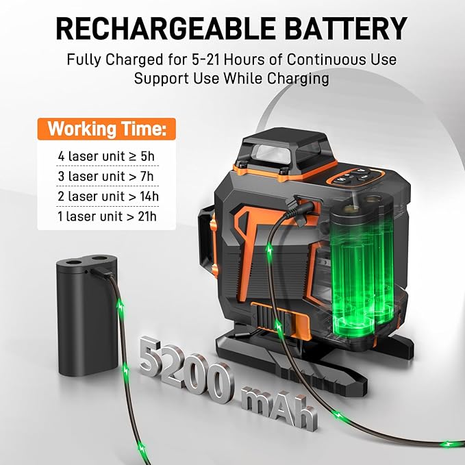 Laser Level 360 Self Leveling Green Light Laser Level Tool Wall Mount Base Bracket 100ft Nivel Laser Rechargeable Battery Receiver for Outdoor Use,4D 4x360