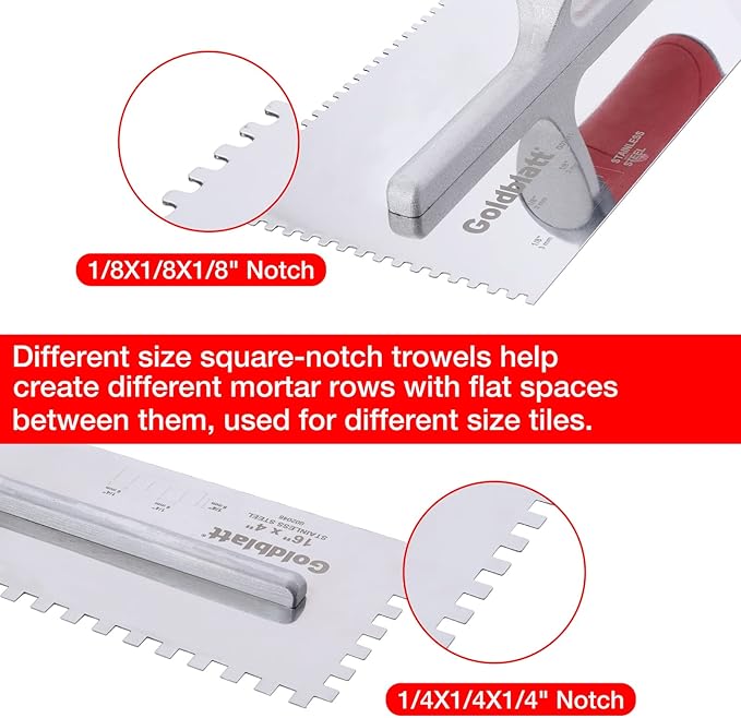 Goldblatt 2-Piece Notch Trowel Set, 1/8"X1/8" Square & 1/4"X1/4" Square, Made of Premium Stainless Steel with Soft Grip Handle, Perfect for Masonry Tile Work
