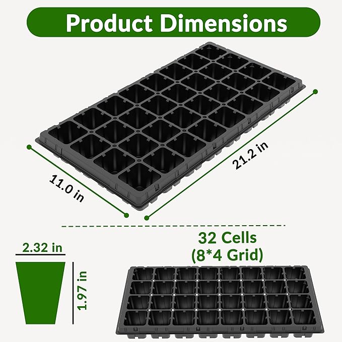 Gardzen 10 Pack 32 Cell Seed Starter Trays, 2" Deep Plug Tray for Seedlings, Heavy Duty Seedling Trays with Drainage Holes, Fit Standard 1020 Drip Tray
