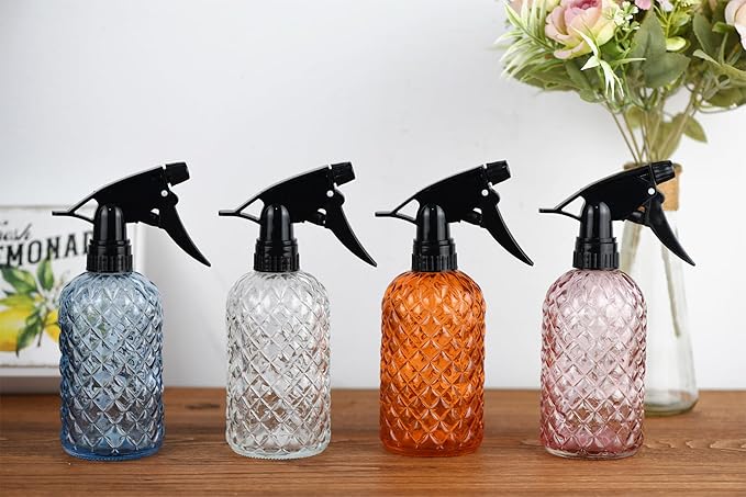 Glass Handheld Spray Bottle - 12oz Refillable Bottle ，Adjustable Nozzle Watering Can for Garden Plants Cleaning Solutions (Clear)