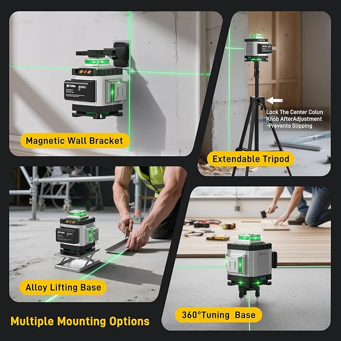 Laser Level, MrToNo 4 x 360 °laser level 360 self leveling, 16 Lines 4D lazer leveler tool Green 360 laser level, for Construction, Ceiling, Tiling, Framing, Home Renovation, Picture Hanging (Silver)