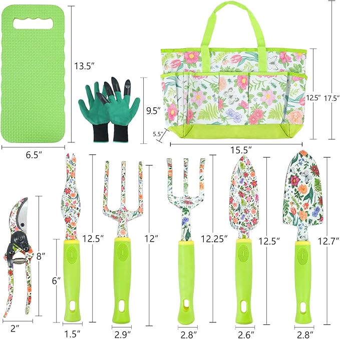 Garden Tool Set 9 Piece Heavy Duty Aluminum Gardening Hand Tools Kit Cute Gardening Supplies with Non-Slip Rubber Grip Gift for Women/Parent