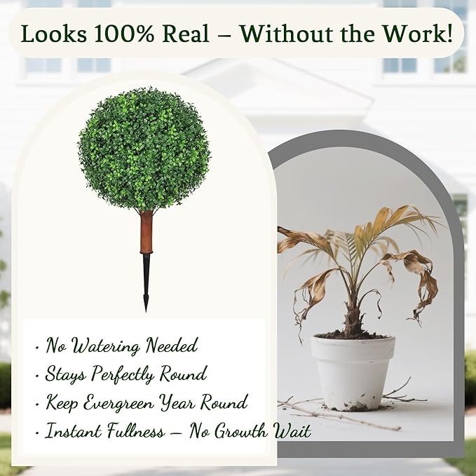 26 inch Height Artificial Boxwood Ball Bush with Ground Spikes, Set of 4 UV Resistant Faux Boxwood Ball Trees for Outdoors, Fake Evergreen Shrubs Bushes Plants for Garden Patio Front Door Balcony