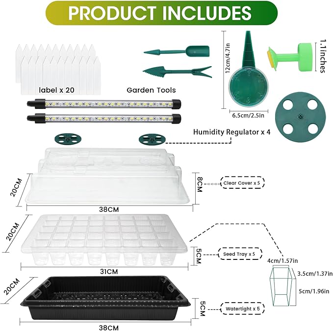 MQUPIN Seed Starter Tray with Grow Light 4 LED, 2 Pack/80 Cells Adjustable Brightness Seed Starter Kit,Seedling Starter Kit with Dome and Base for Greenhouse Seeds Growing Starting（Black）