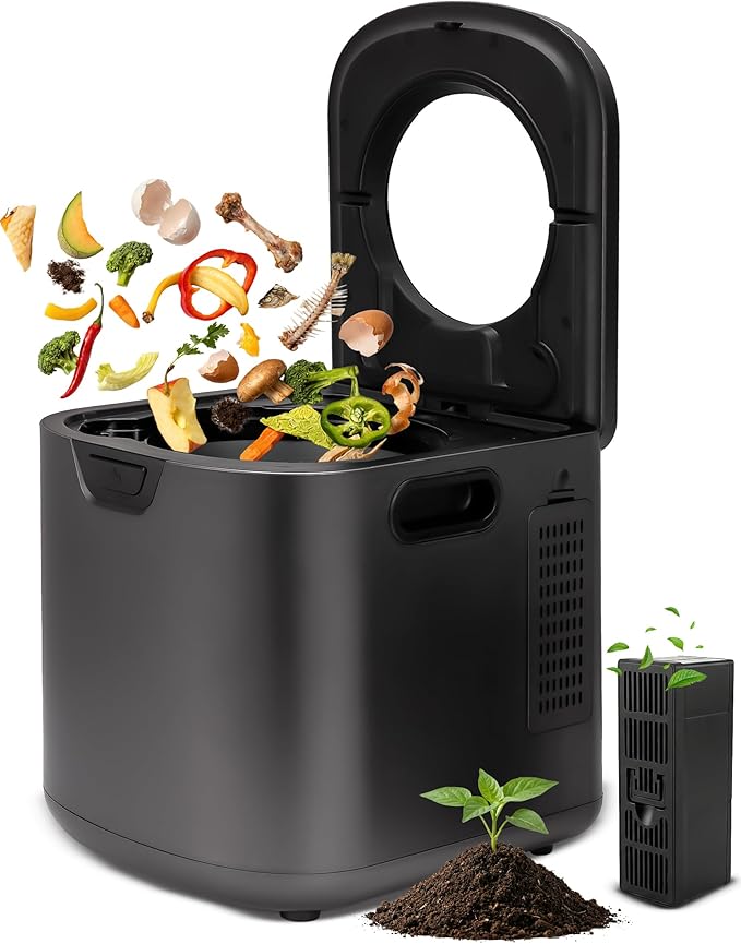 NutriChef 4 Quart Electric Kitchen Composter | Smart Countertop Composter Includes 2 Odorless Carbon Filters | Electric Compost Bin for Indoor Use | 3 Volume Based Modes Small, Medium & Large | Gray