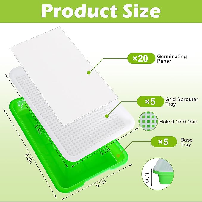 EBaokuup 5 Pcs Seed Sprouter Tray with Drain Holes - BPA Free Seed Germination Propagation Trays, Soil-Free Wheatgrass Bean Sprouts Microgreens Growing Kit with Germinating Paper