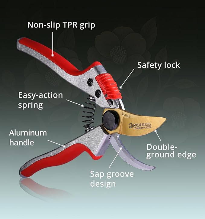Gardeness Titanium Bypass Pruning Shears- SK5 Steel Garden Clippers For Gardening, Florist cutters-Floral Secateurs with Soft Comfort Grip Handles for Trimming Flowers, Branches, Shrubs and Plants