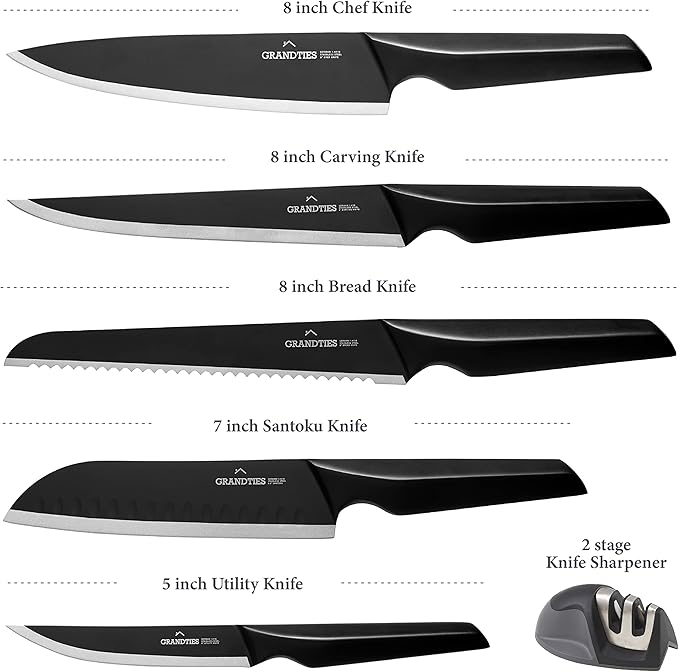 GRANDTIES 7 Piece Nonstick Black Kitchen Knife Set With Block Wooden And Sharpener, High Carbon German Stainless Steel, Ultra Sharp Forged Full Tang Chef Knife Set, Apartment Essentials, Kitchen Décor