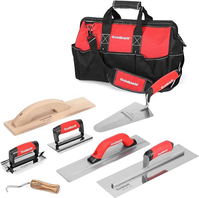 Goldblatt 8 Pieces Masonry Hand Tool Set Includes Finishing Trowel, Gauging Trowel, Groover, Edger, Extruded Alloy Float, Wood Float and Wire Twister, Organized in Tool Bag