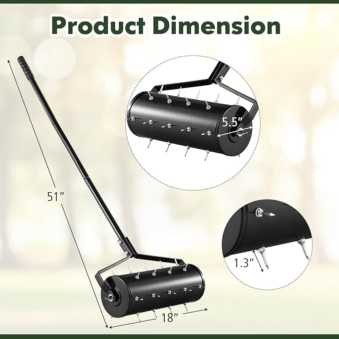 IRONMAX Rolling Lawn Aerator, Sand/Stone Filled Manual Dethatching Soil Aerating Push Tool with Ergonomic Handle, Grass Aerator Lawn Tool for Yard, Garden, Lawn Health Care (18''W x 51''H)