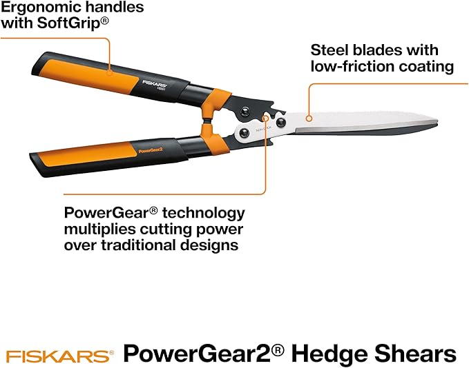 Fiskars 23-Inch Hedge Shears, Bush Trimmer with PowerGear2 Technology that Multiplies Power for Less Effort, SoftGrip Handles with Shock-Absorbing Bumpers