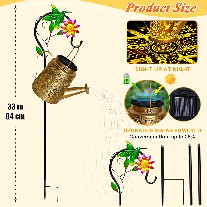 Christmas Gifts Hummingbird Solar Watering Can Lights, Outdoor Waterproof Garden Lanterns with Shepherd Hook, Solar Garden Decor for Yard Outdoor Landscape Pathway, Gift for Women Mom Grandma, 2 Pack