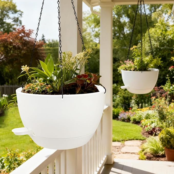 WOUSIWER Self Watering Hanging Planters, 2 Pack 12'' Plastic Pots with Drainage Holes & Reservoir Tray (White) | Indoor & Outdoor Use for Ferns, Ivy, Herbs, Succulents