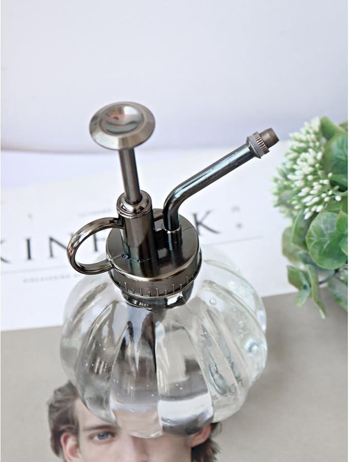 Plant Mister, Glass Watering Spray Bottle with Bronze Top Pump 6.5" Tall Decorative Mister for Plants and Flowers Small Watering Can for Indoor Potted Plants & Terrariums - Clear