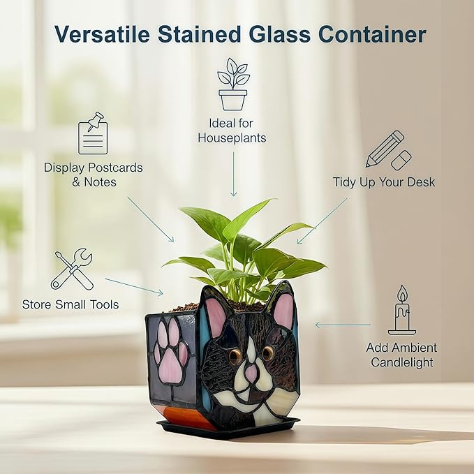 Handmade Stained Glass Black Cat Planter, Decorative Succulent Pot with Drainage, Indoor Plant Holder, Home Decor