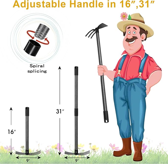Garden Hoe and Cultivator, Heavy Duty Hand Hoe with Tiller with 31” Long Handle, Cultivator Hoe Garden Tools Durable Cultivator Hoes Rake Fork for Gardening Weeding Planting Loosening Soil