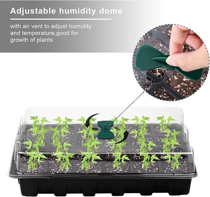 Elcoho 8 Pack 192 Cells Seed Starter Tray Kit Seedling Tray Propagator Plant Grow Tray with Humidity Dome and Base Plastic Planter for Greenhouse Germination Starter, 24 Cells per Tray, Black