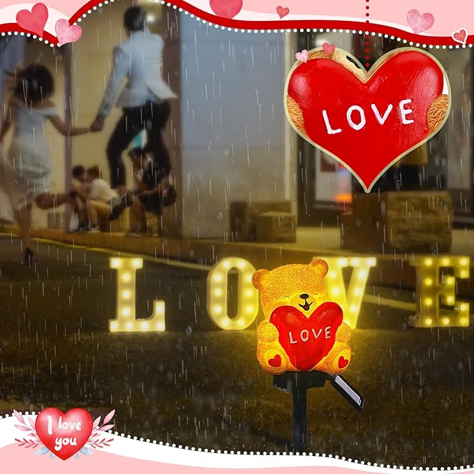 VIHOSE Valentine's Day Solar Bear with Heart Garden Stake Lights Love Themed Bear with Heart Outdoor Solar Lights Waterproof Statue Figurine Garden Art for Home Patio Outdoor Decoration