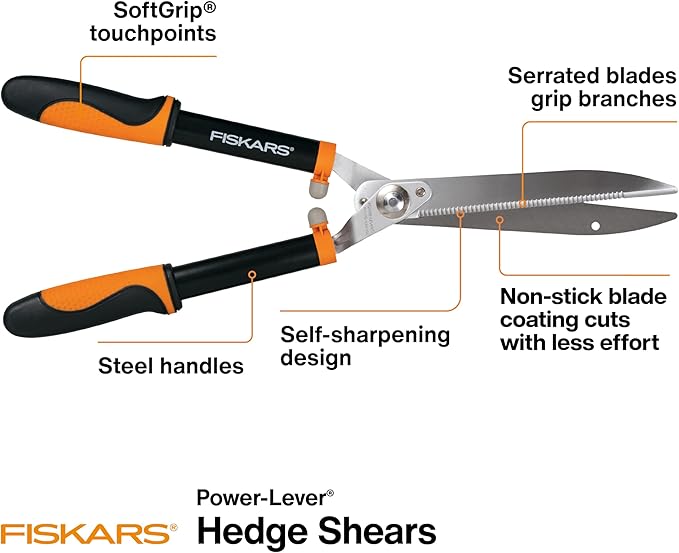 Fiskars 23-Inch Power-Lever Hedge Shears, Self-Sharpening Precision-Ground Steel Blades, For Trimming/Shaping Hedges and Shrubs in Your Garden, Lawn and Yard Tools, Black/Orange