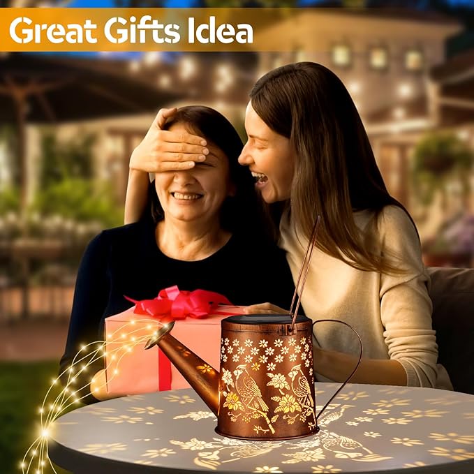 Outdoor Hanging Solar Lantern Waterproof Set Outside Metal Openwork Cardinal watering can Landscape Lights for Garden Yard Patio Pathway Decor Birthday Gifts for Women Mom Grandma -With Floor Pole