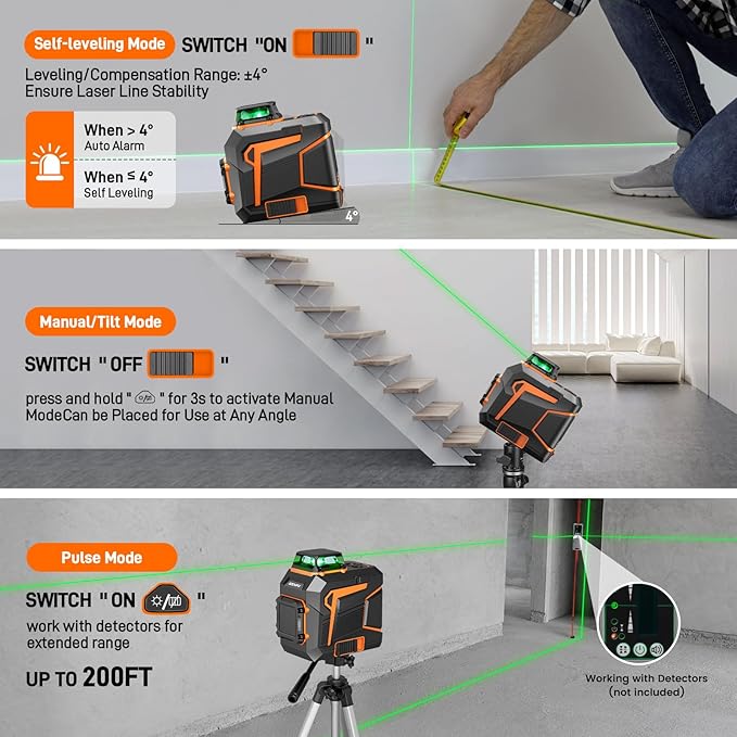 Laser Level 360 Self Leveling Green Line Laser Level Tool Wall Suction Stand Receiver 100ft Line Laser for Picture Hanging Outdoor Rechargeable Battery,2x360,2D