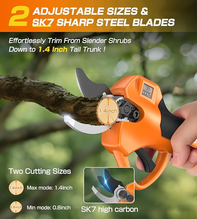 Electric Pruning Shears, Cordless Pruning Shears 1000W Brushless Power Shears 1.4'' Diameter Electric Pruner with LCD Display 2 * 2Ah Battery Pruning Shear Gift for Men Dad Husband Fathers Gardener